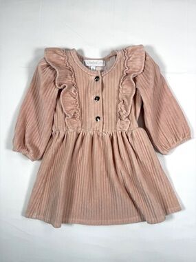 RZ By RACHEL ZOE Girls Ribbed Ruffle Dress Blush Long Sleeve‎ Button Front 12M